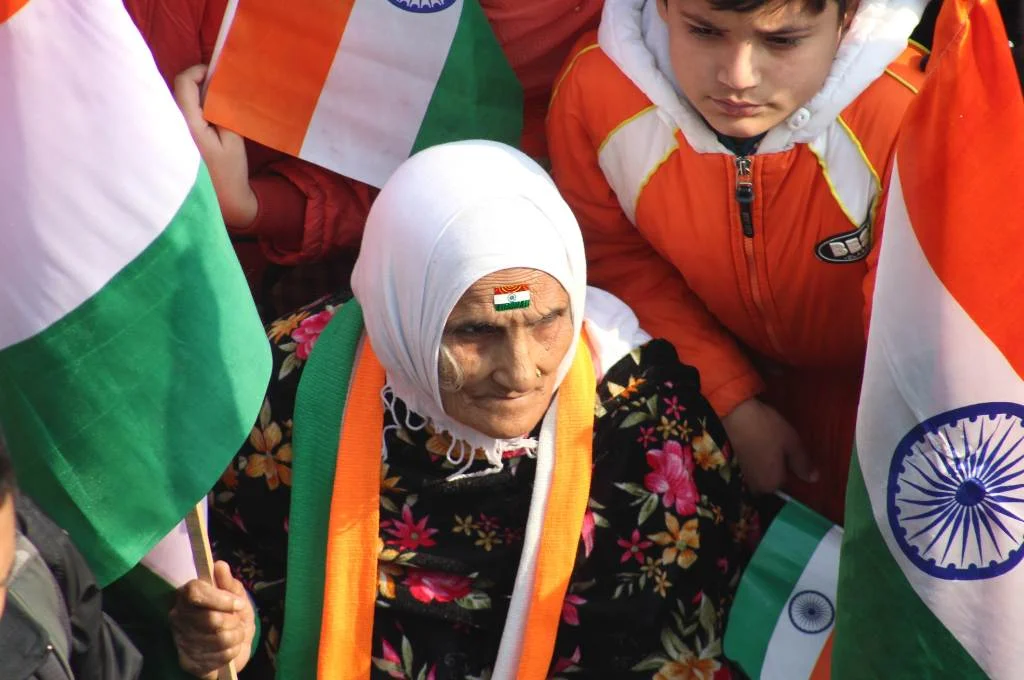 माथे पर भारतीय तिरंगा चिपकाये एक बुजुर्ग महिला_भारतीय राजनीतिक व्यवस्था