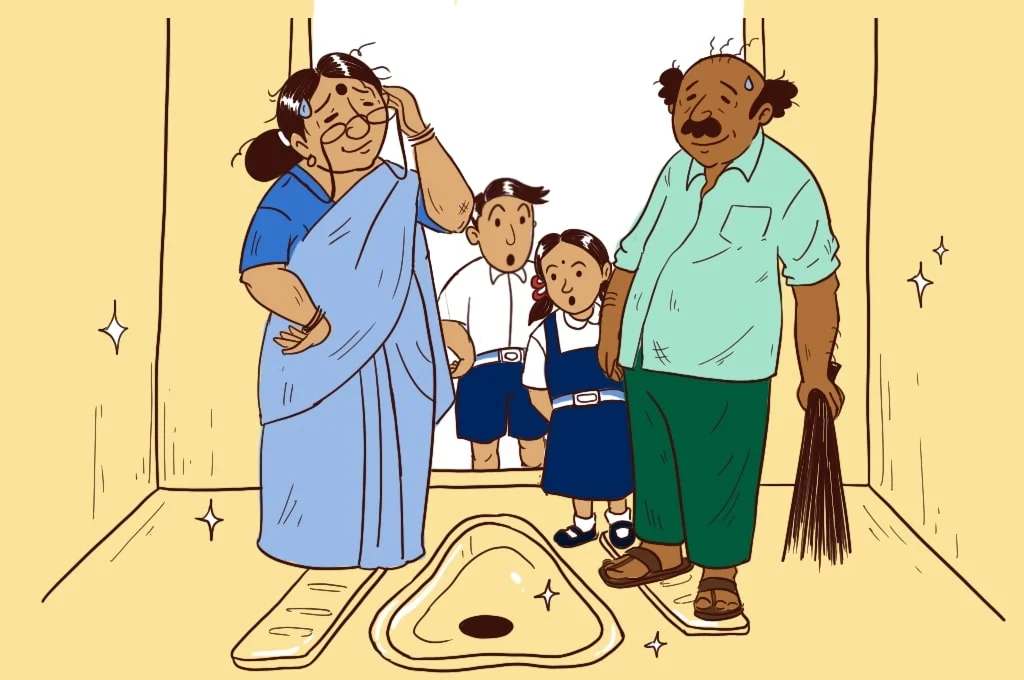 साफ शौचालय को देखते शिक्षक और बच्चे_स्कूल
