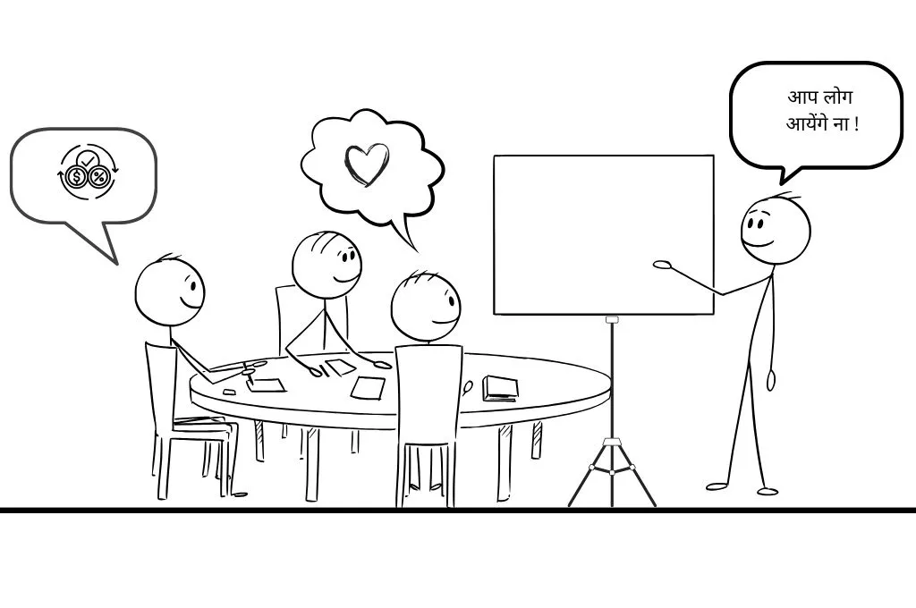 एक दृश्य जिसमें एक वर्कशॉप ऑर्गेनाइजर संस्थाओं को निमंत्रण दे रहा है_वर्कशॉप