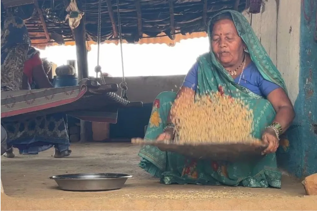 सूप से अनाज साफ करती खंडवा की महिला किसान रीठी बाई_कोदो